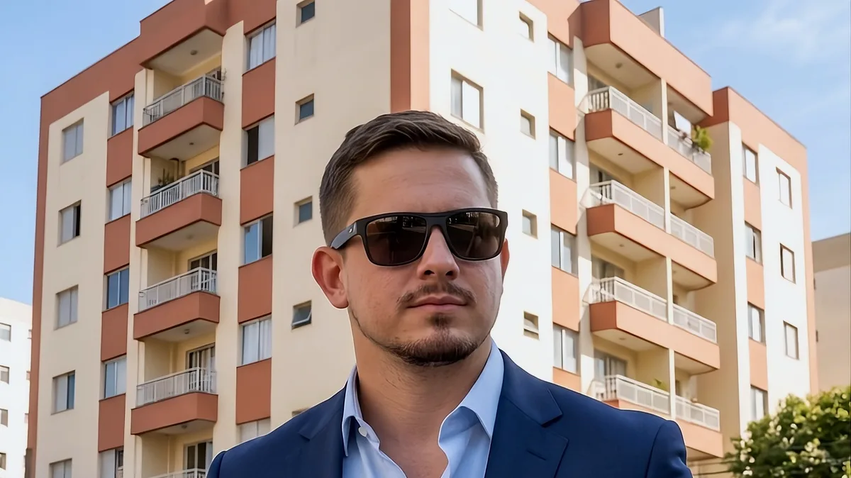 Luis Filipe, assessor de leilão de imóveis em Goiânia, em frente a um prédio residencial
